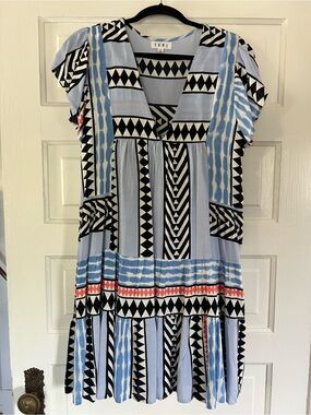 THML Light Blue Black White Geometric Mini Dress with Coral Accent. Size Medium